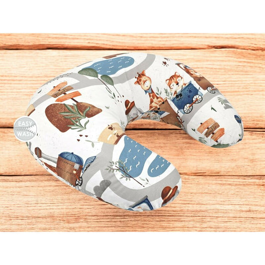 Perna pentru alaptat, MimiNu, Din bumbac certificat Oeko Tex Standard 100, Cu husa detasabila, Cu fermoar securizat, Circumferinta 155 cm, Design, Zoo in train