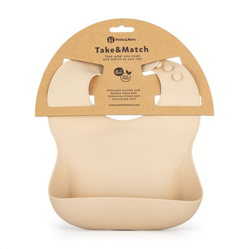 Baveta moale, Petite&Mars, Take&Match, Reglabil, Cu buzunar colector, Silicon, Fara BPA, 6 luni+, Bej