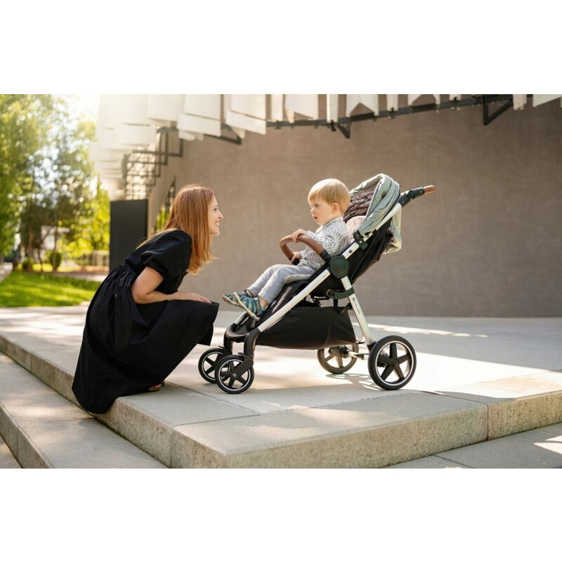 Carucior sport, Petite&Mars, Royal, Include husa pentru scaun, husa pentru picioare, geanta pentru scutece si capotina extensibila, Cu fereastra, Impermeabila, Cu SPF 50, Aluminiu, 0-22 kg, 111 x 57 x 86 cm, Mature Olive