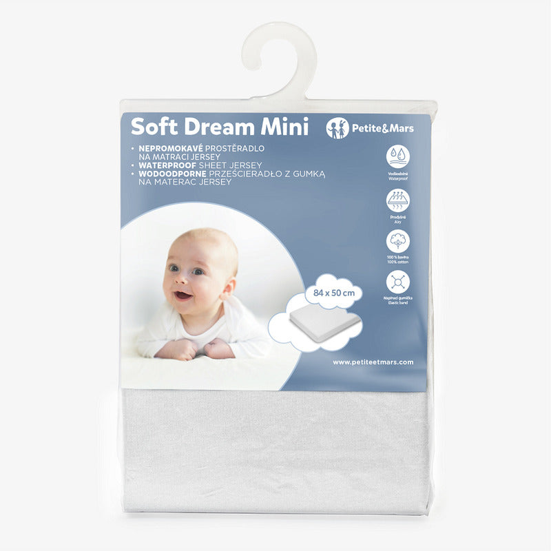 Cearceaf cu elastic, Petite&Mars, Impermeabil, Pentru patut co-sleeper, Din bumbac, 84x50 cm, 0 luni+, Alb