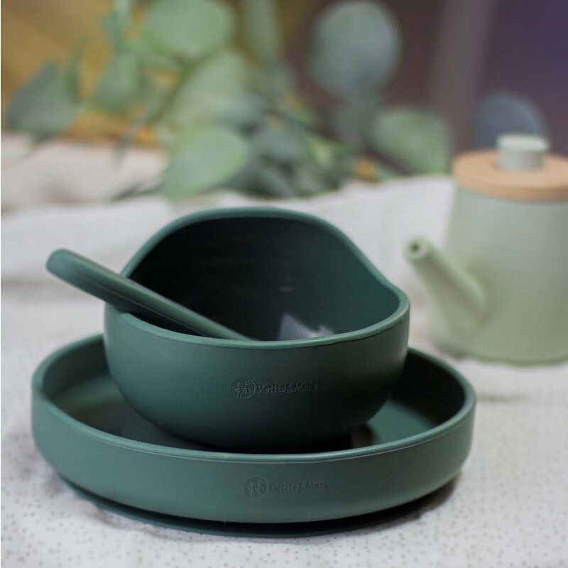 Farfurie, Petite&Mars, Take&Match, Din silicon, Cu ventuza, Fara BPA, 6 luni+, 400 ml, Verde Inchis