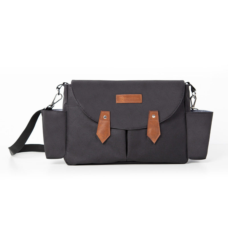 Geanta pentru scutece si organizator carucior, Petite&Mars, Sara, 2 in 1, Cu 7 buzunare, 1 buzunar cu izolatie termica, Dimensiune compacta, 40x23x10 cm, Negru/Maro