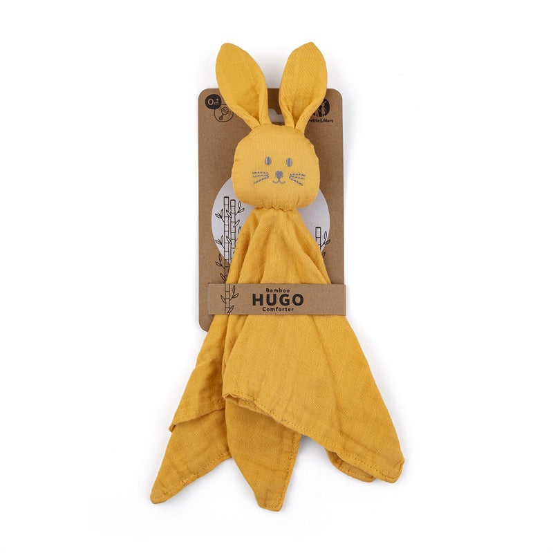 Jucarie interactiva, Petite&Mars, Iepurasul Hugo, Din muselina de bambus, Cu sunet, Conform standardului de securitate Oeko-tex 100 34 x 30 cm, 0 luni+, Galben