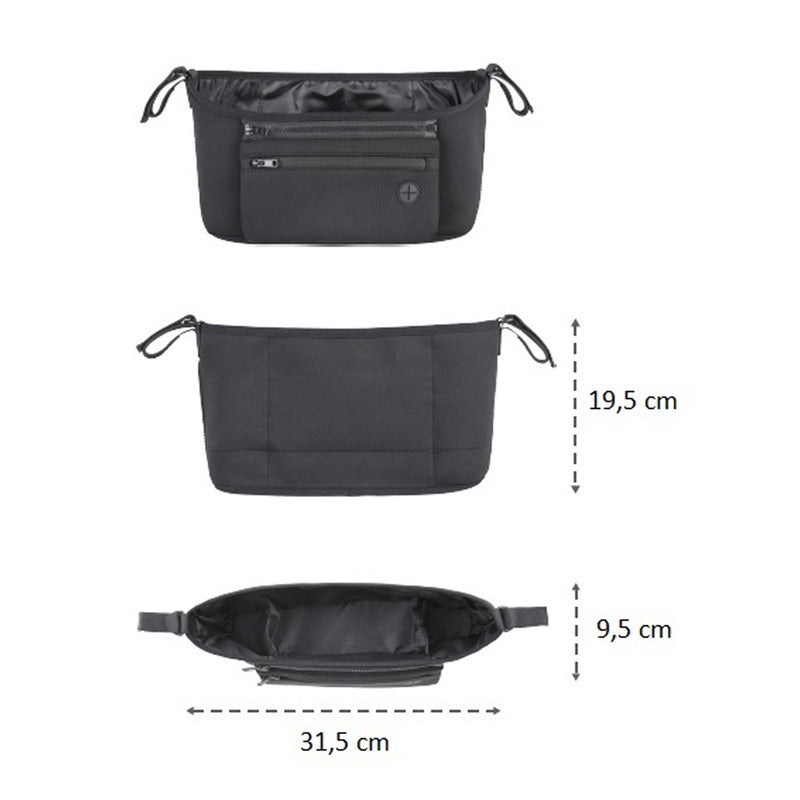 Organizator carucior, Petite&Mars, Cu buzunar frontal detasabil, Dimensiune universala, 31.5x19.5x9.5 cm, Atasare usoara cu Velcro, Negru