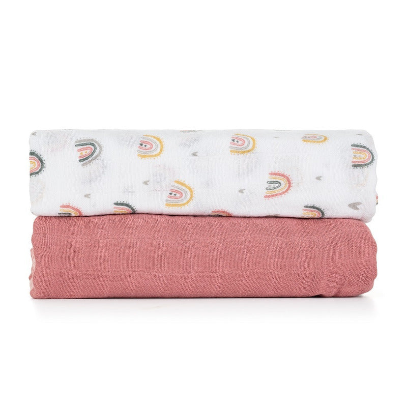 Set 2 scutece, Petite&Mars, Misty Rose Rainbow, Din muselina de bambus, Hipoalergenice, Dimensiuni mari 120 x 120 cm, Certificate Oeko Tex Standard 100, Multicolor