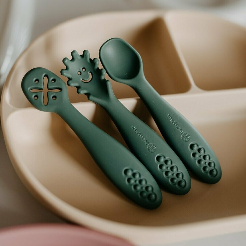 Set 3 lingurite, Petite&Mars, Diverse forme, Pentru supa, paste, alimente usoare, Dezvolta simturile si abilitatile senzoriale, Silicon, Fara BPA, 6 luni+, Galben