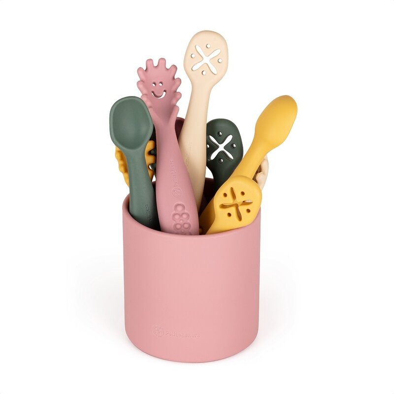 Set 3 lingurite, Petite&Mars, Diverse forme, Pentru supa, paste, alimente usoare, Dezvolta simturile si abilitatile senzoriale, Silicon, Fara BPA, 6 luni+, Roz