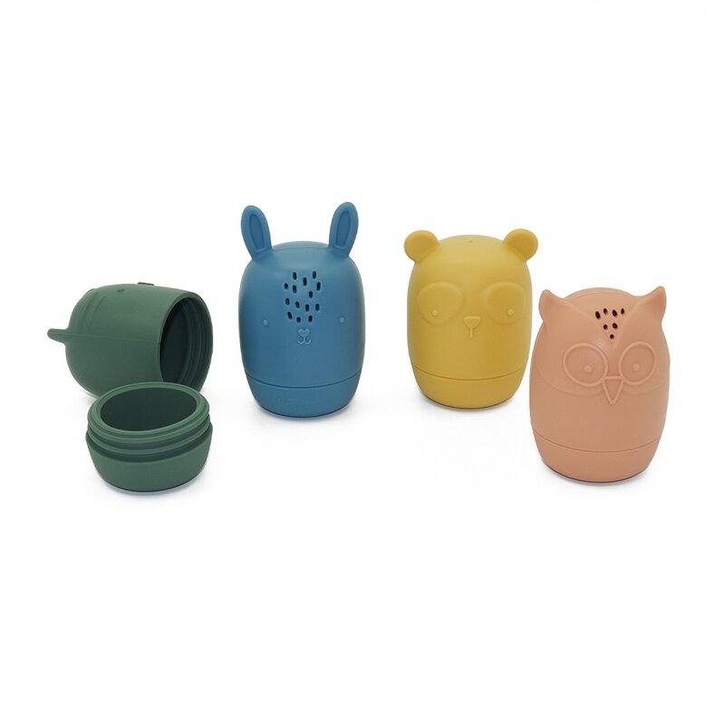 Set 4 jucarii de baie, Petite&Mars, Amigos, Din silicon, Fara BPA, 6 luni+, Multicolor