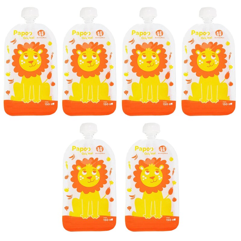 Set 6 pungi reutilizabile pentru hranire Petite&Mars Papoo 150 ml, portocaliu cu leuti