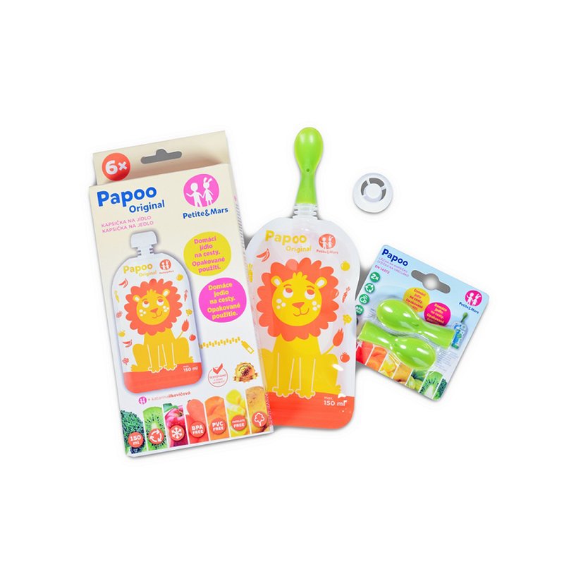 Set 6 pungi reutilizabile pentru hranire Petite&Mars Papoo 150 ml, portocaliu cu leuti