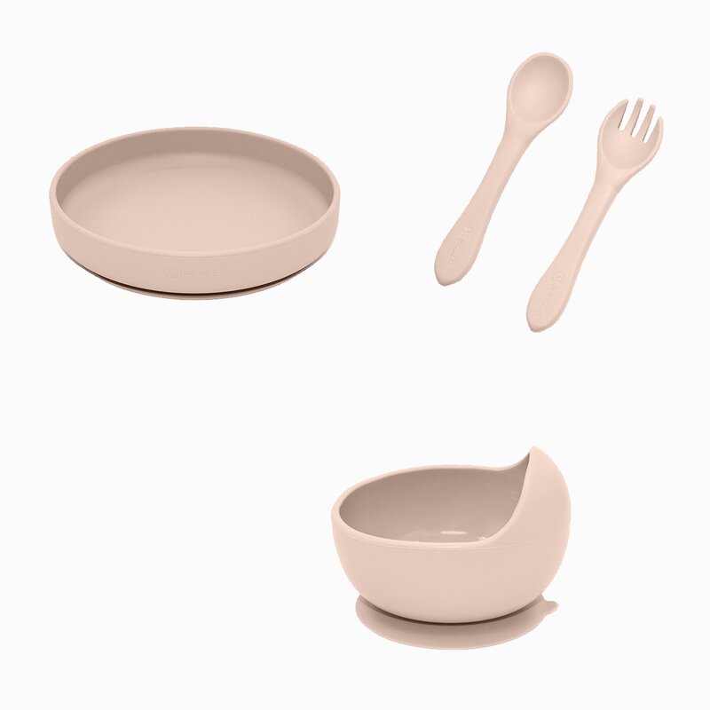 Set de hranire, Petite&Mars, Cu farfurie, Bol si tacamuri, Din silicon fara BFA, Bej