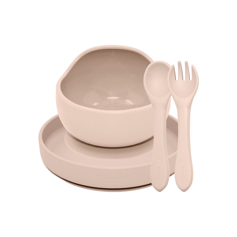 Set de hranire, Petite&Mars, Cu farfurie, Bol si tacamuri, Din silicon fara BFA, Bej