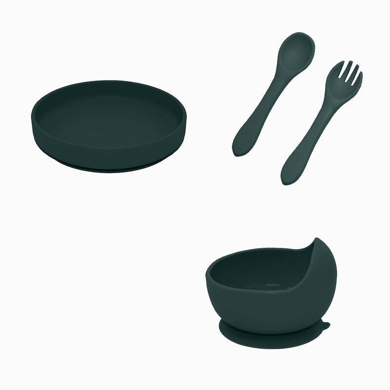 Set de hranire din silicon Petite&Mars Take&Match cu farfurie, bol si tacamuri, verde inchis