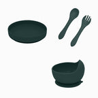 Set de hranire din silicon Petite&Mars Take&Match cu farfurie, bol si tacamuri, verde inchis