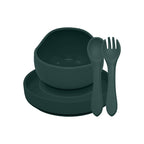 Set de hranire din silicon Petite&Mars Take&Match cu farfurie, bol si tacamuri, verde inchis