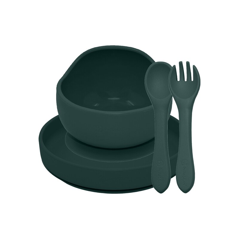 Set de hranire din silicon Petite&Mars Take&Match cu farfurie, bol si tacamuri, verde inchis