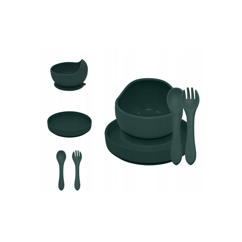 Set de hranire din silicon Petite&Mars Take&Match cu farfurie, bol si tacamuri, verde inchis