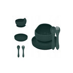 Set de hranire din silicon Petite&Mars Take&Match cu farfurie, bol si tacamuri, verde inchis
