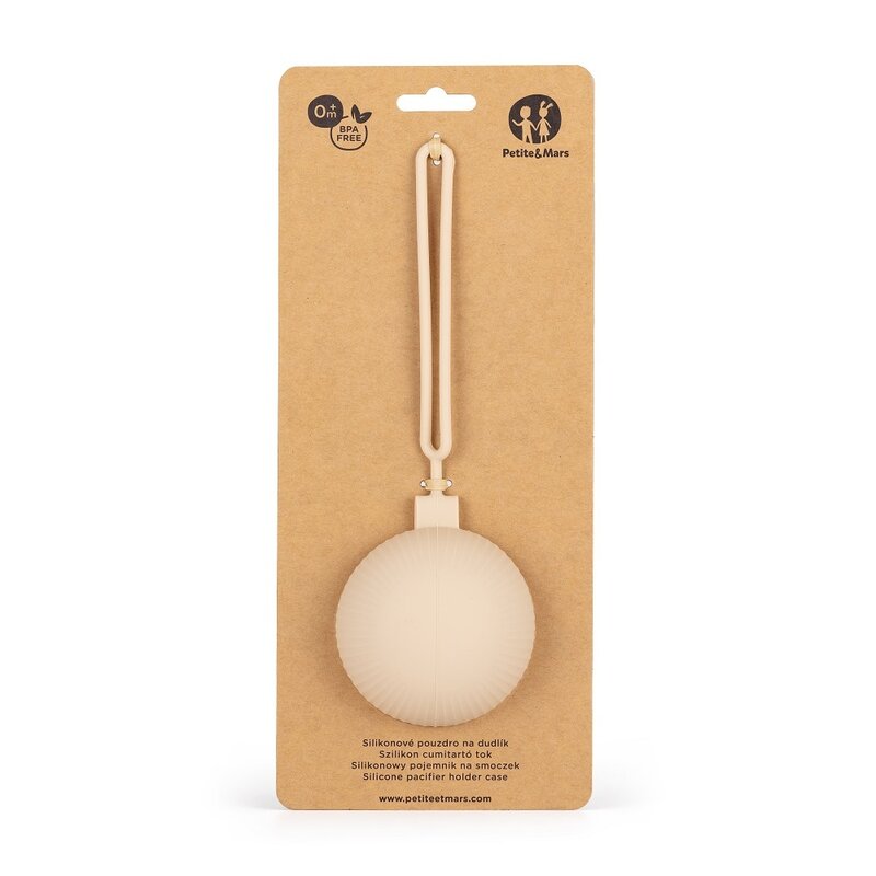 Suport suzeta, Petite&Mars, Universala, Cu maner, Poate fi atasat la carucior sau geanta, Silicon, Fara BPA, 0 luni+, Bej