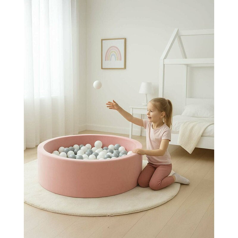 Piscina uscata, New Baby, Cu 150 de bile (Alb, gri), Din tesatura fina cu certificare Oeko-Tex Standard 100, Dimensiune 83 x 83 x 30 cm, Pink