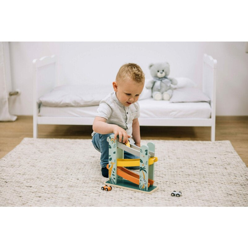 Pista de masini, Free2Play, Safari, Din lemn, Cu 3 masinute incluse, 26.9 x 23.6 x 7 cm, Conform cu standardele europene EN71-1;2018, EN71-2:2020, EN71-3:2021