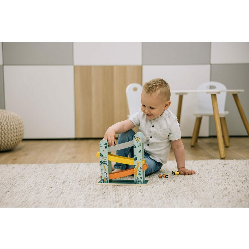 Pista de masini, Free2Play, Safari, Din lemn, Cu 3 masinute incluse, 26.9 x 23.6 x 7 cm, Conform cu standardele europene EN71-1;2018, EN71-2:2020, EN71-3:2021