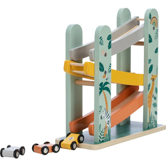Pista de masini, Free2Play, Safari, Din lemn, Cu 3 masinute incluse, 26.9 x 23.6 x 7 cm, Conform cu standardele europene EN71-1;2018, EN71-2:2020, EN71-3:2021