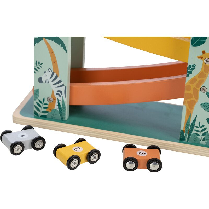 Pista de masini, Free2Play, Safari, Din lemn, Cu 3 masinute incluse, 26.9 x 23.6 x 7 cm, Conform cu standardele europene EN71-1;2018, EN71-2:2020, EN71-3:2021
