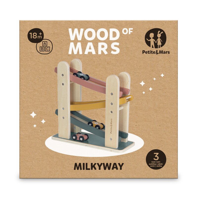 Pista de masini din lemn Petite&Mars Milky Way Wood of Mars cu 3 masinute