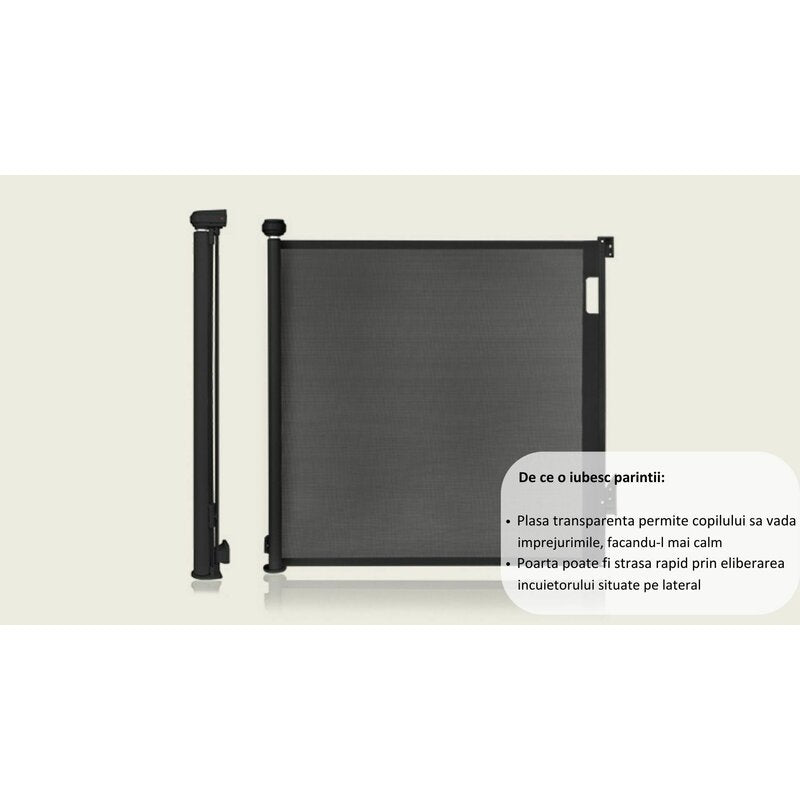 Poarta de siguranta, Lionelo, Thea, Cu suruburi, Textila, Retractabila, Mecanism dublu de blocare, Montaj universal, 95x140 cm, Conform cu standardul european de securitate EN1930, Negru