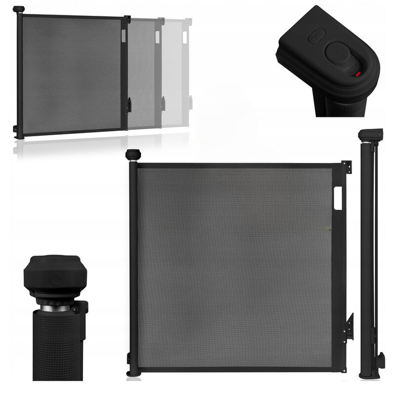 Poarta de siguranta, Lionelo, Thea, Cu suruburi, Textila, Retractabila, Mecanism dublu de blocare, Montaj universal, 95x140 cm, Conform cu standardul european de securitate EN1930, Negru