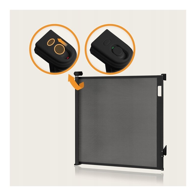 Poarta de siguranta, Lionelo, Thea, Cu suruburi, Textila, Retractabila, Mecanism dublu de blocare, Montaj universal, 95x140 cm, Conform cu standardul european de securitate EN1930, Negru