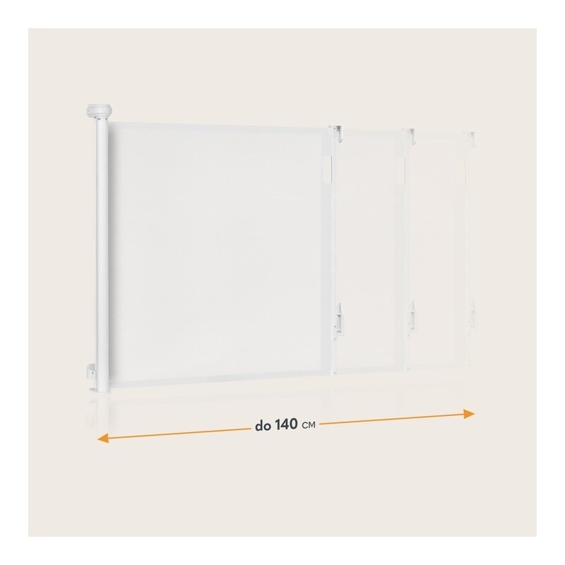 Poarta de siguranta, Lionelo, Thea, Textila, Ofera vizibilitate, Retractabila, Mecanism dublu de blocare, Montaj universal, 95x140 cm, Conform cu standardul european de securitate EN1930, Alb
