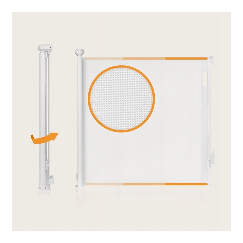Poarta de siguranta, Lionelo, Thea, Textila, Ofera vizibilitate, Retractabila, Mecanism dublu de blocare, Montaj universal, 95x140 cm, Conform cu standardul european de securitate EN1930, Alb