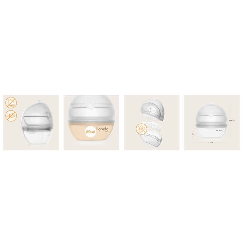 Pompa de san si colector de lapte, Lionelo, Milky 2 in 1, Volum 60 ml, Forma anatomica, Compataibila cu utilizarea cu sutien, Fara bisfenol A, Portabila, Alb