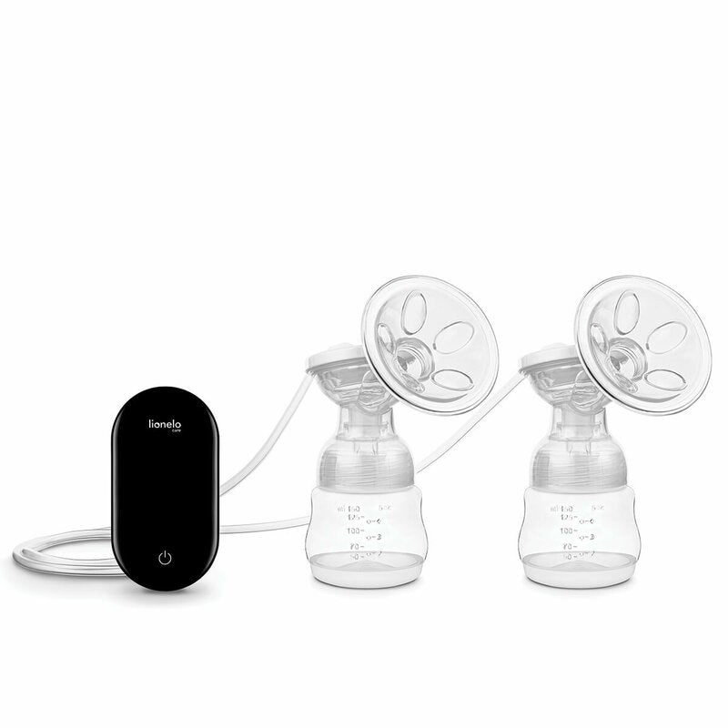 Pompa dubla de san, Lionelo, Electrica, Cu 9 nivele de aspiratie, 5 moduri de masaj, Afisaj LED, Imita suptul natural al copilului, Functionare pana la 90 min, Silentioasa, Fara BPA, Include 2 recipiente de 150 ml si 2 pungi, Cablu USB, Husa, Alb/Gri