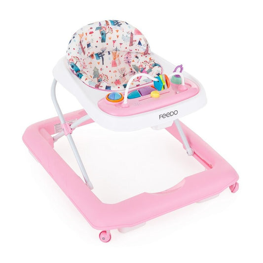 Premergator, Feedo, Pliabil, Cu panou de joaca inclus, Cu inaltime reglabila in 3 pozitii, Cu sistem de franare, Dezvolta abilitatile motorii si senzoriale, Greutate maxima suportata 12 kg, 6 luni+, Pink
