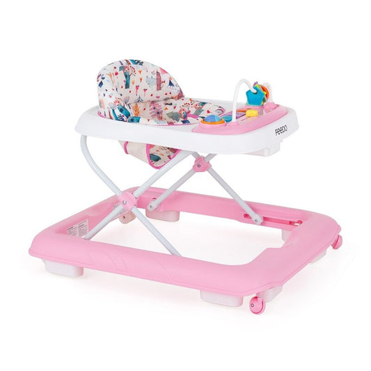 Premergator, Feedo, Pliabil, Cu panou de joaca inclus, Cu inaltime reglabila in 3 pozitii, Cu sistem de franare, Dezvolta abilitatile motorii si senzoriale, Greutate maxima suportata 12 kg, 6 luni+, Pink
