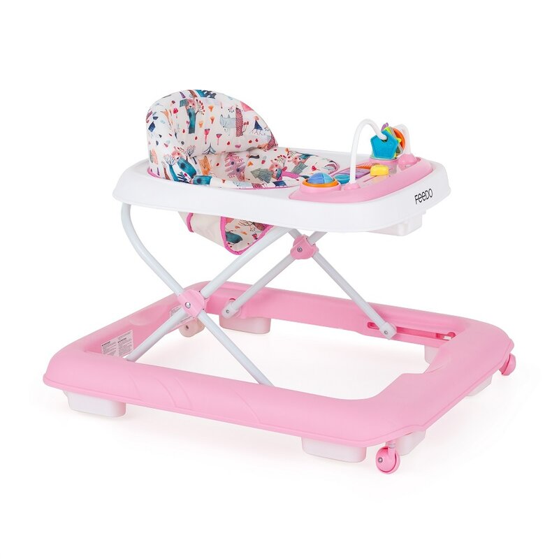 Premergator, Feedo, Pliabil, Cu panou de joaca inclus, Cu inaltime reglabila in 3 pozitii, Cu sistem de franare, Dezvolta abilitatile motorii si senzoriale, Greutate maxima suportata 12 kg, 6 luni+, Pink
