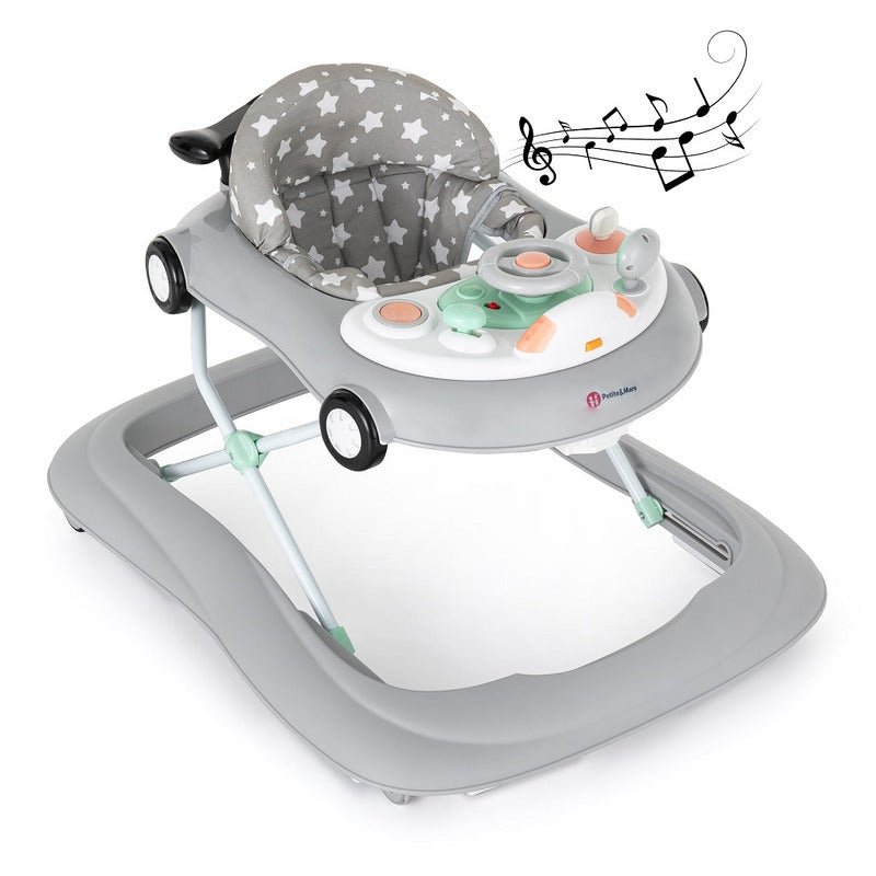 Premergator muzical, Petite&Mars, Cu panou interactiv si lumini Cabrio, Inaltime reglabila pe 3 pozitii, 6 luni+, Gri