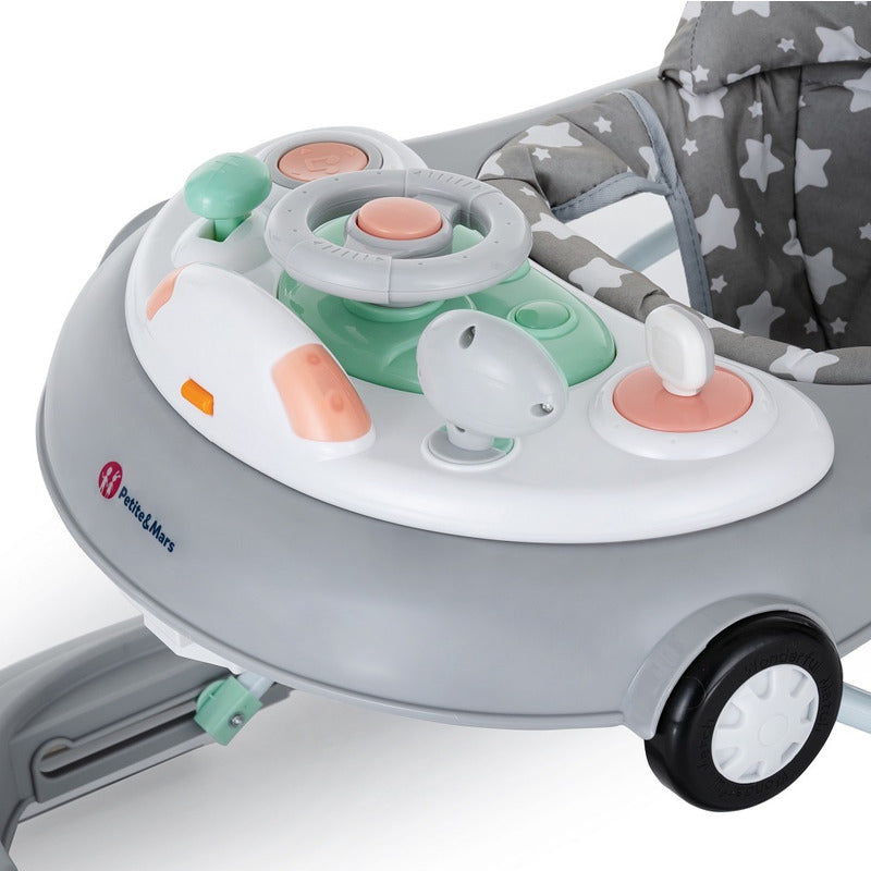 Premergator muzical, Petite&Mars, Cu panou interactiv si lumini Cabrio, Inaltime reglabila pe 3 pozitii, 6 luni+, Gri