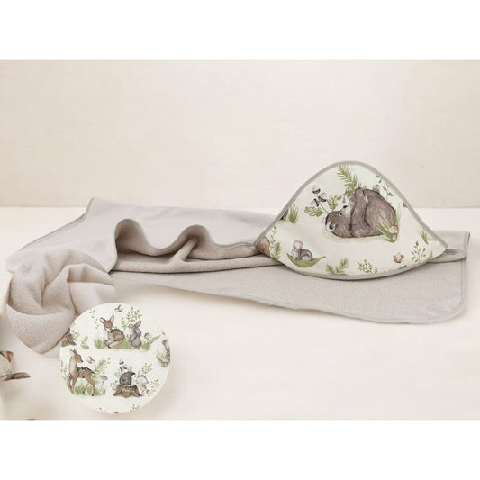 Prosop cu gluga, MimiNu, Mare, Dimensiune 100x100 cm, Din bumbac si thermo fleece, Materiale certificate Oeko Tex Standard 100, Design, Calm Forest Natural