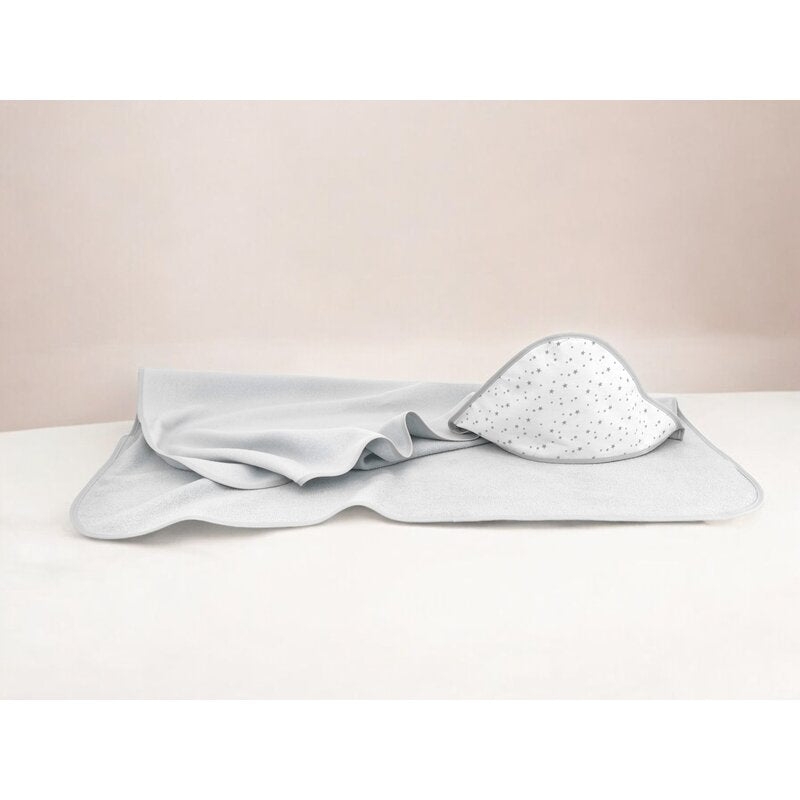 Prosop cu gluga, MimiNu, Mare, Dimensiune 100x100 cm, Din bumbac si thermo fleece, Materiale certificate Oeko Tex Standard 100, Mini Gray Stars