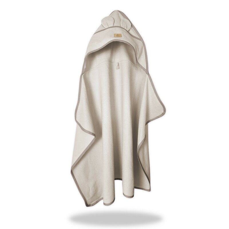 Prosop cu gluga pentru juniori, Qmini, Cu urechi si agatatoare, Dimensiune 120x85cm, Din tricot termo-terry din bambus, Materiale certificate Oeko Tex Standard 100, Beige