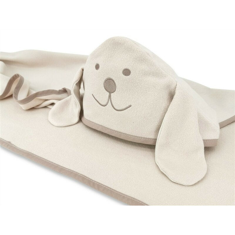 Prosop cu gluga, Qmini, Mare, Cu broderie si urechi, Dimensiune 100x100 cm, Din tricot termo-terry din bambus, Materiale certificate Oeko Tex Standard 100, Eared Bear Beige