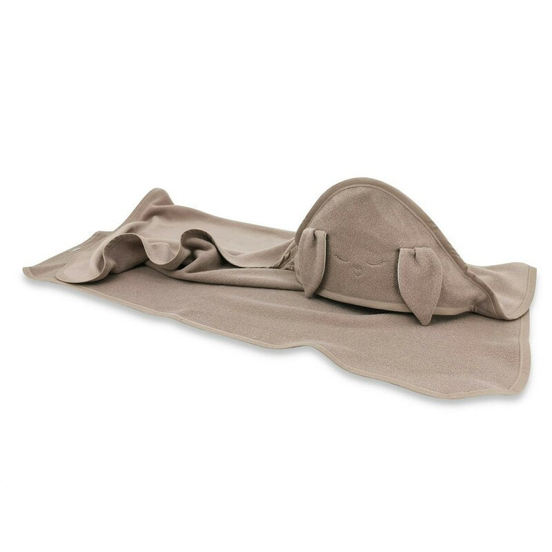 Prosop cu gluga, Qmini, Mare, Cu broderie si urechi, Dimensiune 100x100 cm, Din tricot termo-terry din bambus, Materiale certificate Oeko Tex Standard 100, Rabbit Mocha