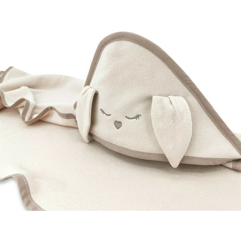 Prosop cu gluga, Qmini, Mare, Cu broderie si urechi, Dimensiune 100x100 cm, Din tricot termo-terry din bambus, Materiale certificate Oeko Tex Standard 100, Rabbit Beige