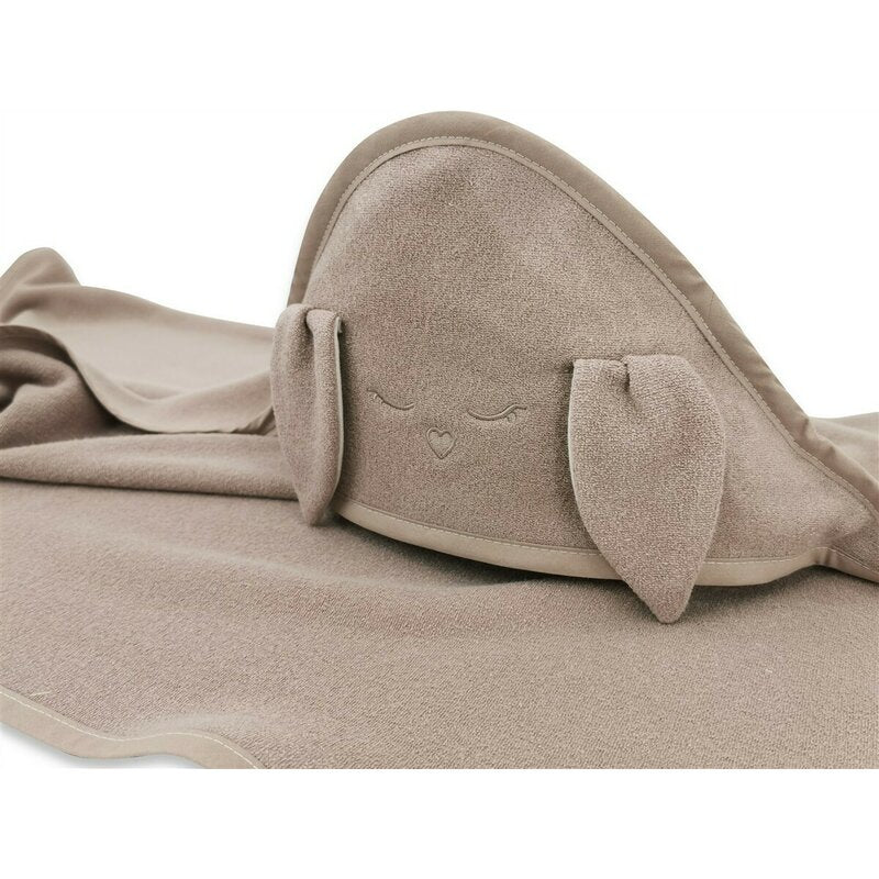Prosop cu gluga, Qmini, Mare, Cu broderie si urechi, Dimensiune 100x100 cm, Din tricot termo-terry din bambus, Materiale certificate Oeko Tex Standard 100, Rabbit Mocha