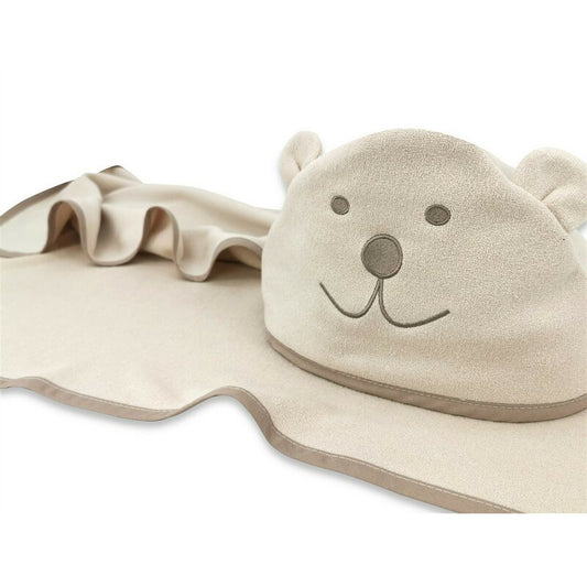 Prosop cu gluga, Qmini, Mare, Cu broderie si urechi, Dimensiune 100x100 cm, Din tricot termo-terry din bambus, Materiale certificate Oeko Tex Standard 100, Teddy Bear Beige