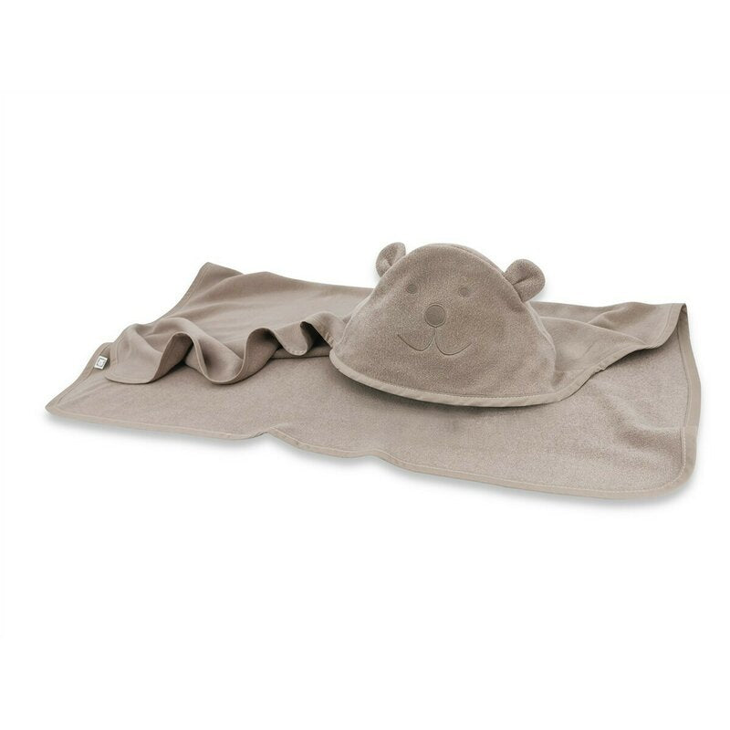 Prosop cu gluga, Qmini, Mare, Cu broderie si urechi, Dimensiune 100x100 cm, Din tricot termo-terry din bambus, Materiale certificate Oeko Tex Standard 100, Teddy Bear Mocha